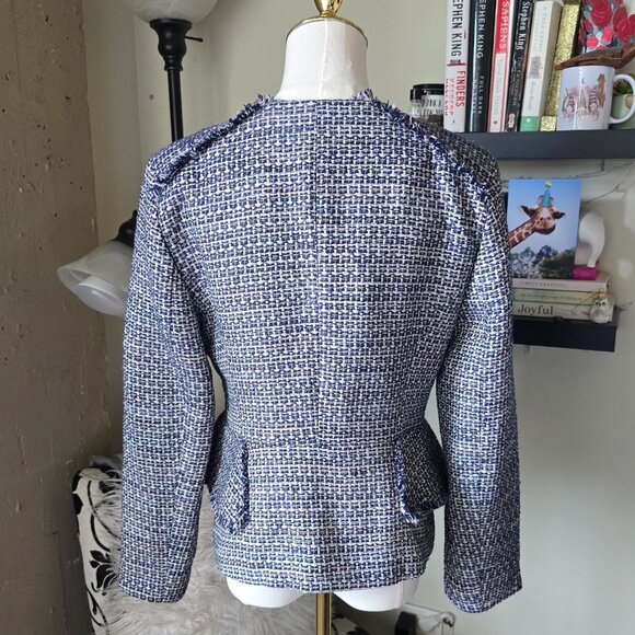 Banana Republic Blue & White Tweed Fringe Trim Single Button Blazer Jacket NWT - Picture 7 of 14